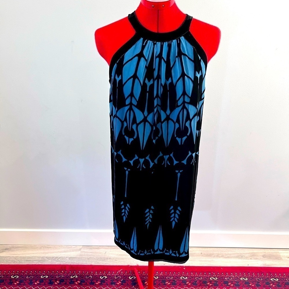 Max Studio Black velvet over blue silk , tie neck Midi dress  Size xs